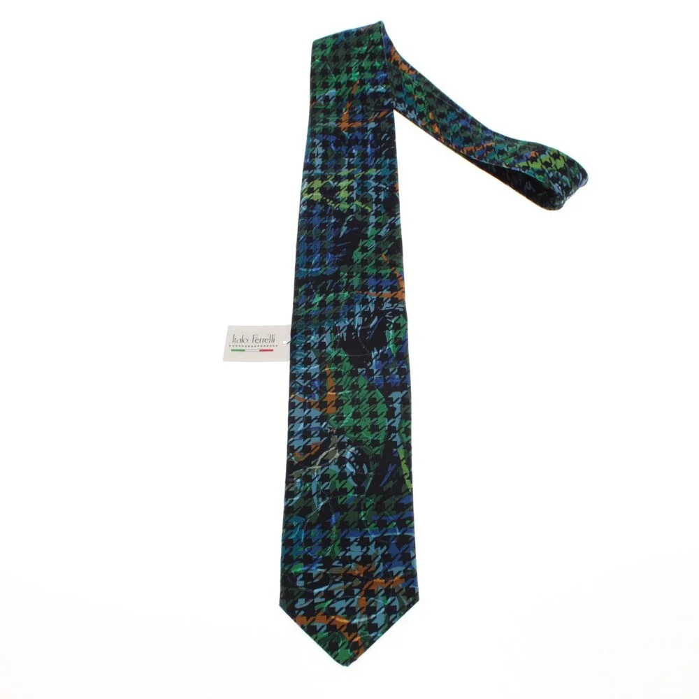 Italo Ferretti NWT Neck Tie in Blues / Green / Orange Houndstooth 100% Silk